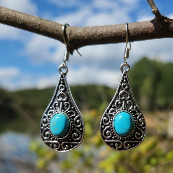 Blue Turquoise Dangle Earrings – Boho Silver Drop Jewelry for Women - Picture 4 of 14